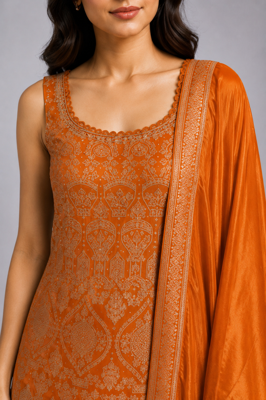 Orange Embroidered Sharara Suit Set with Dupatta