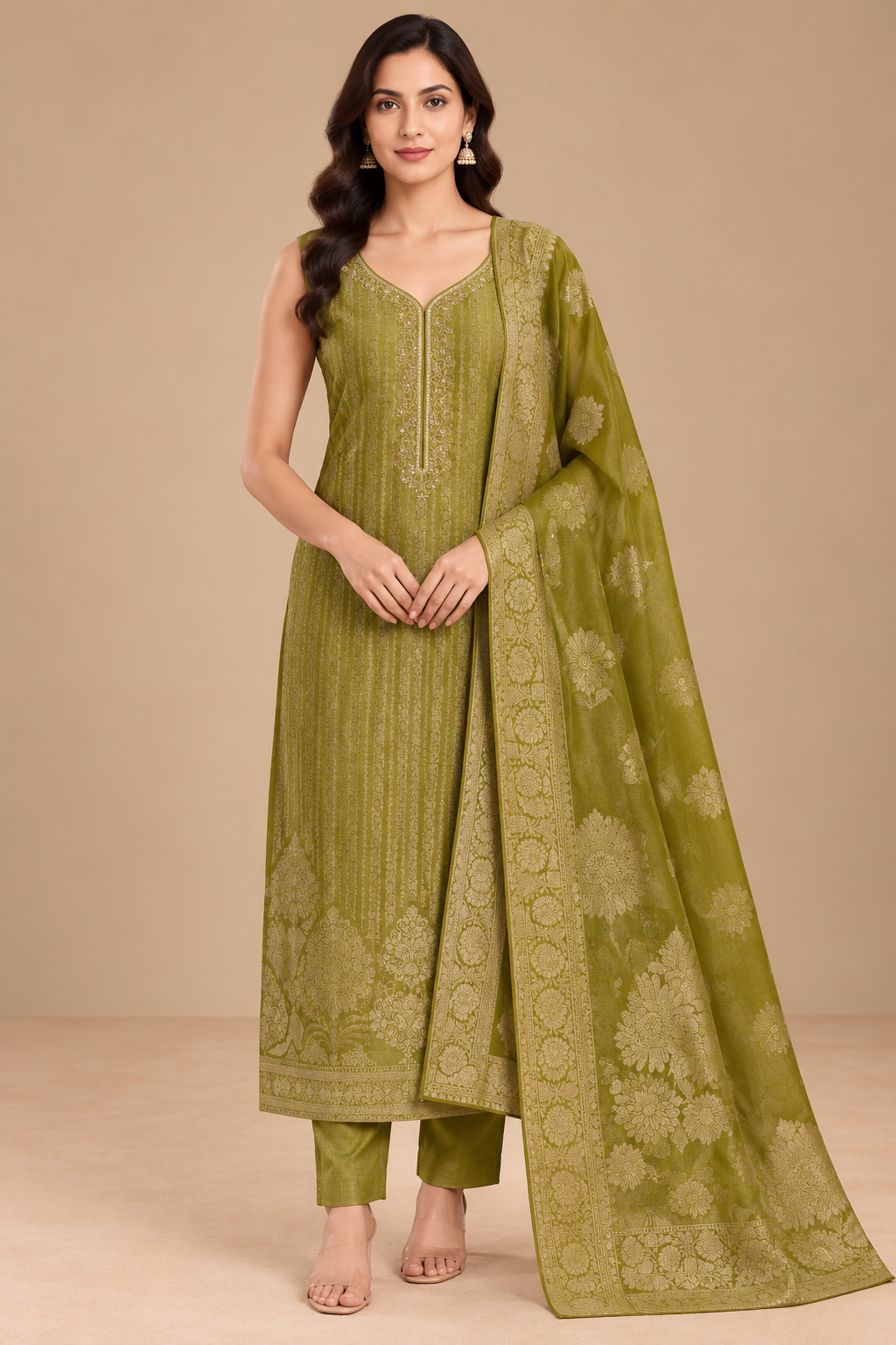 Olive Green Embroidered Kurta Set with Floral Dupatta