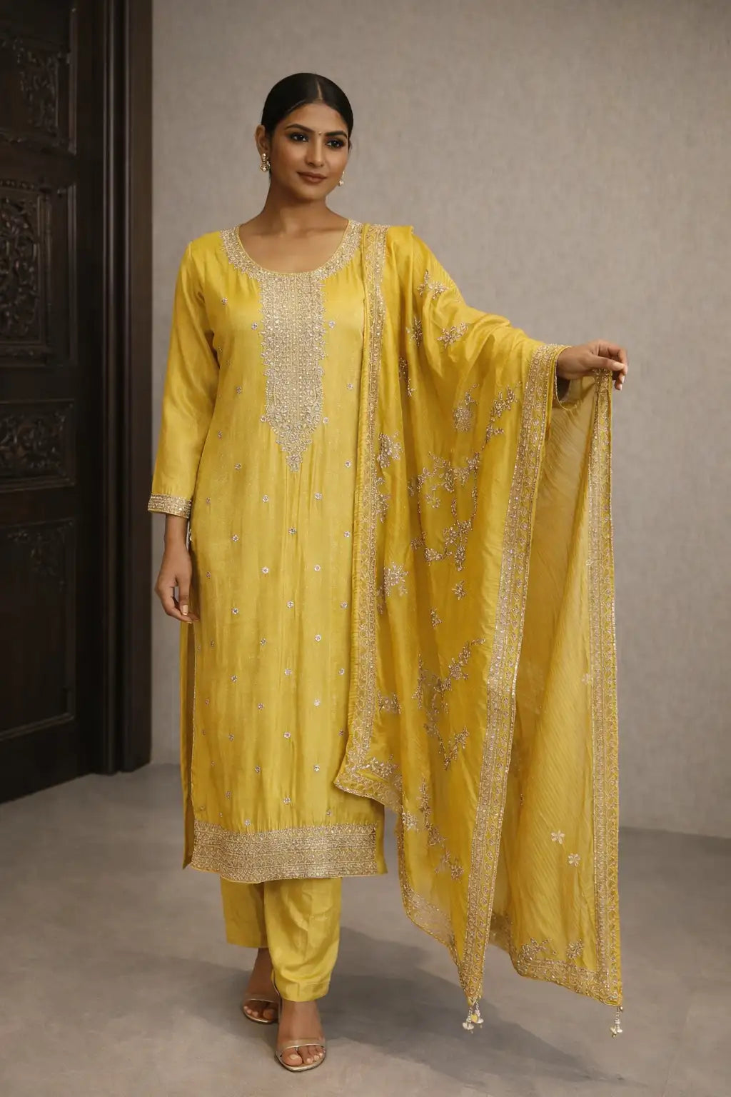 Yellow Embroidered Festive Salwar Suit Set with Dupatta