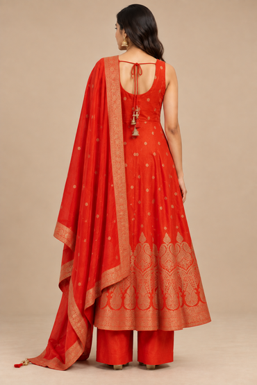 Red Embroidered Anarkali Suit Set with Dupatta