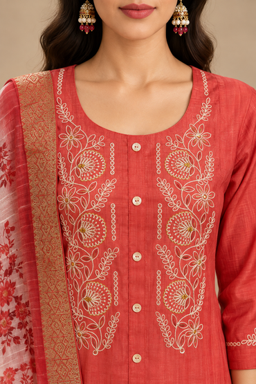 Coral Pink Embroidered Kurta Set with Floral Dupatta