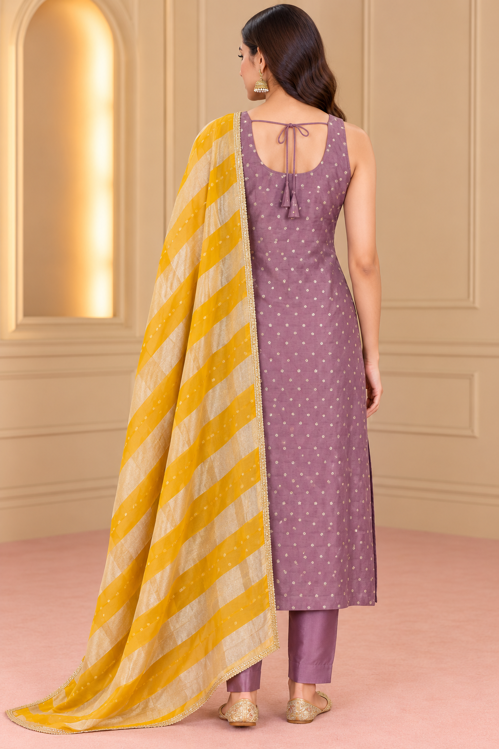 Lavender Purple & Yellow Embroidered Kurta Set with Dupatta