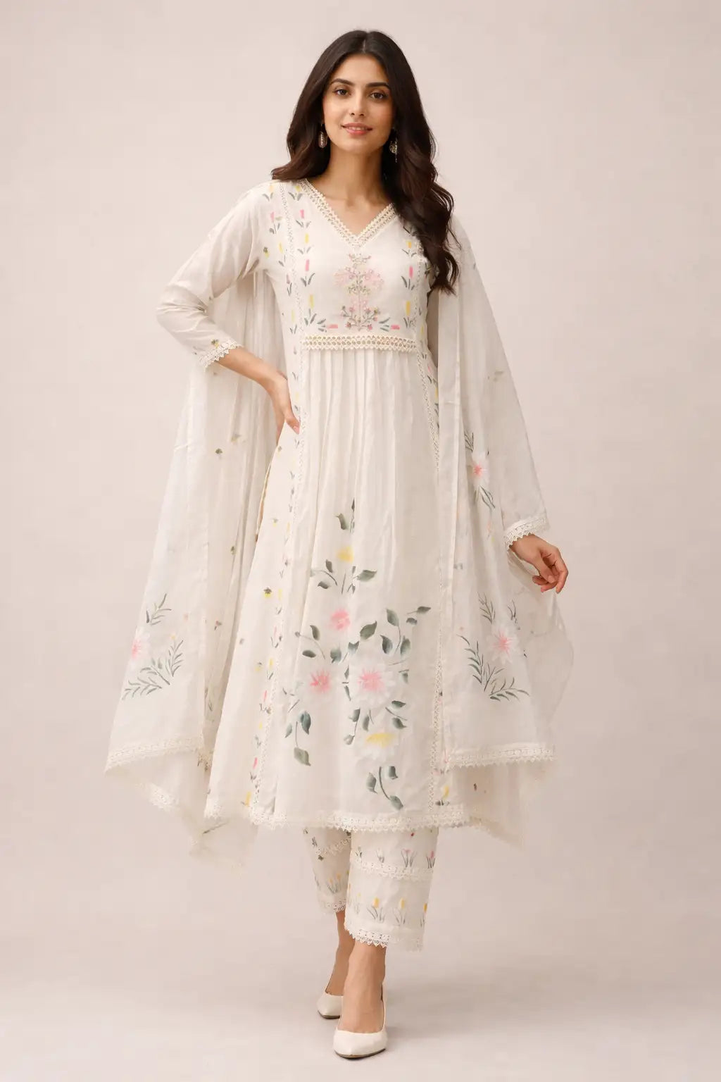 White Pastel Floral Embroidered Kurta Set with Dupatta