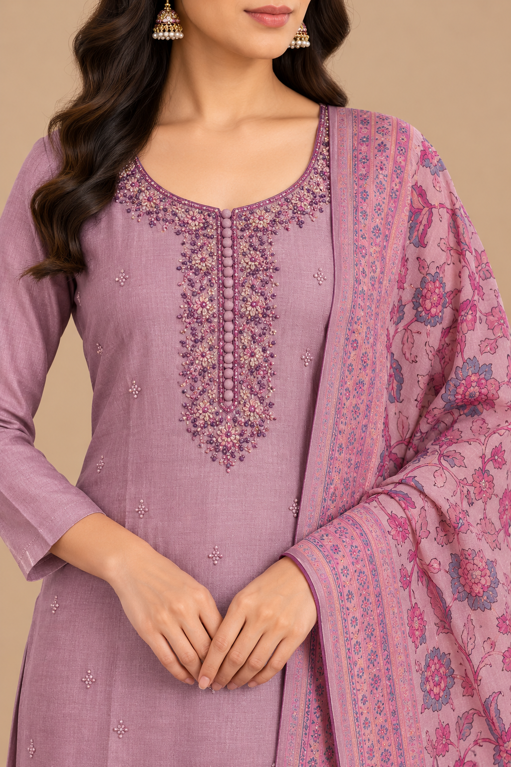 Mauve Embroidered Kurta Set with Floral Printed Dupatta