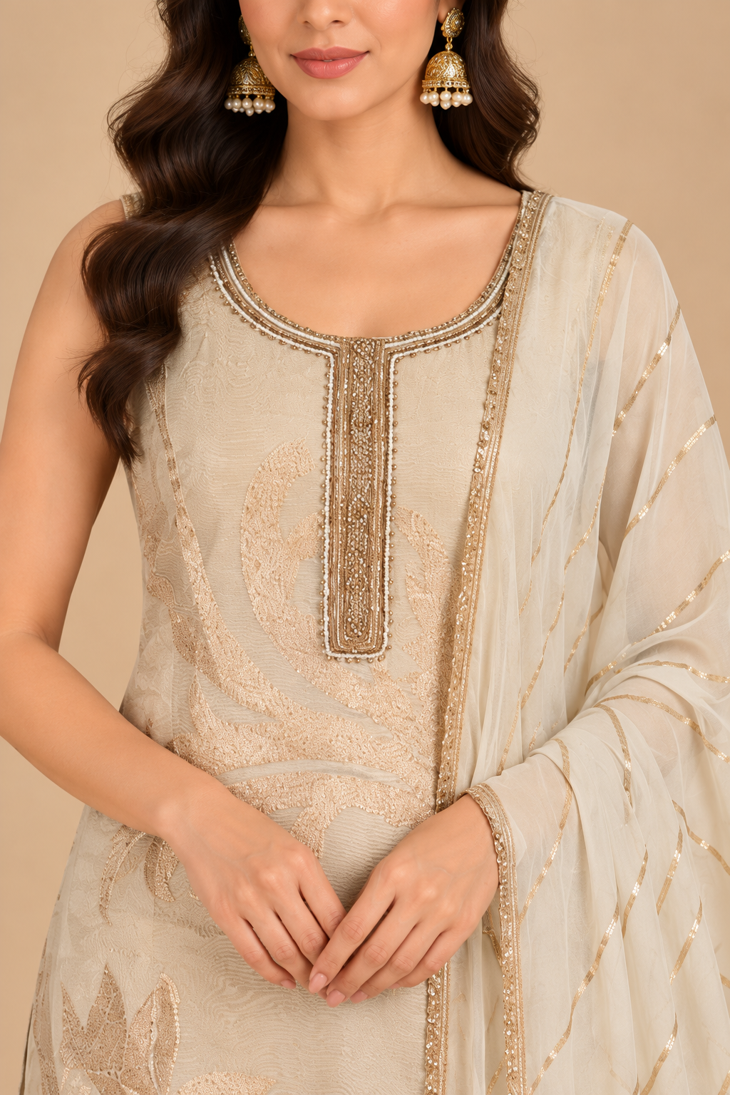 Elegant Ivory & Gold Embroidered Suit Set