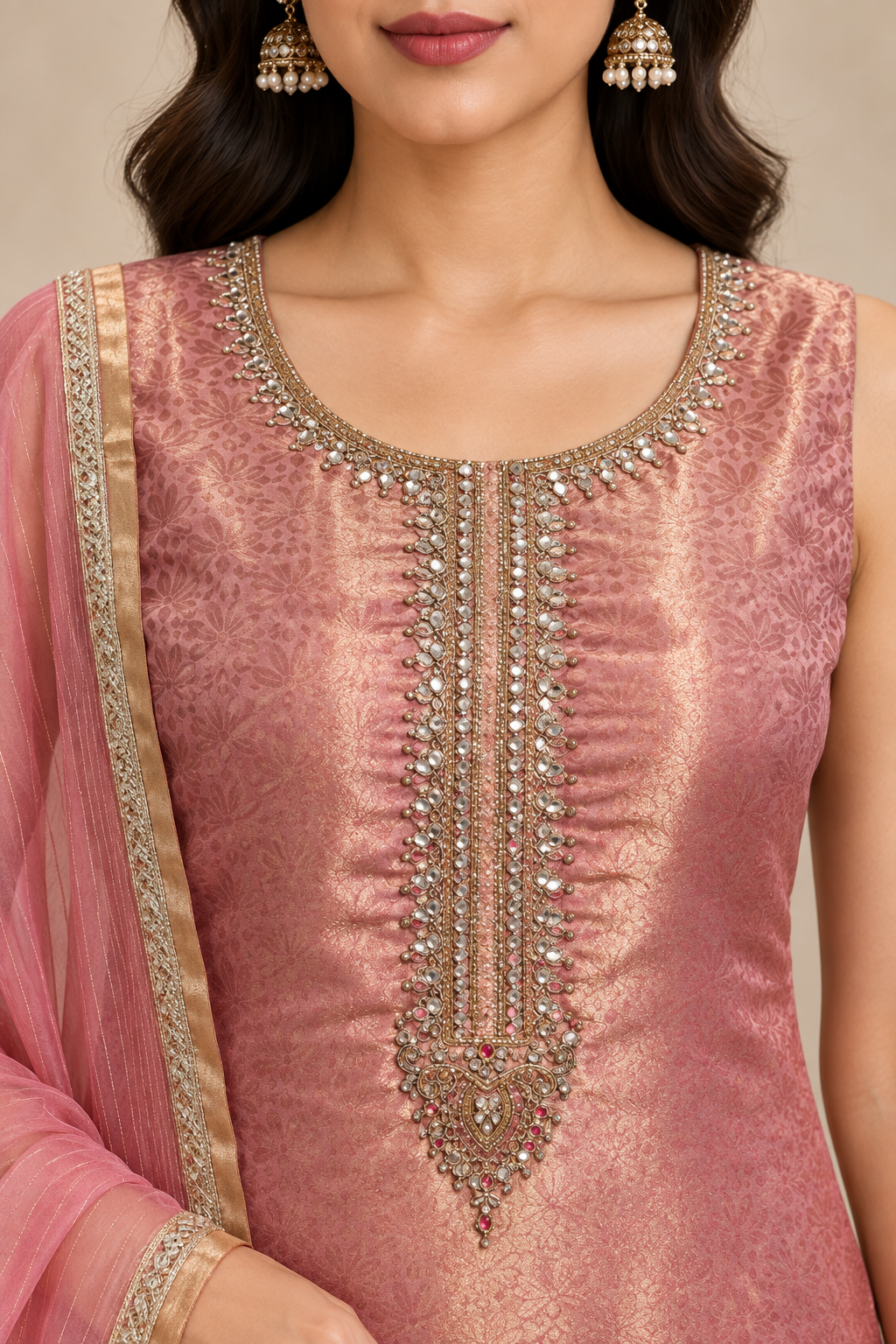 Pink Jacquard Straight Kurta Pant Set with Embellished Dupatta