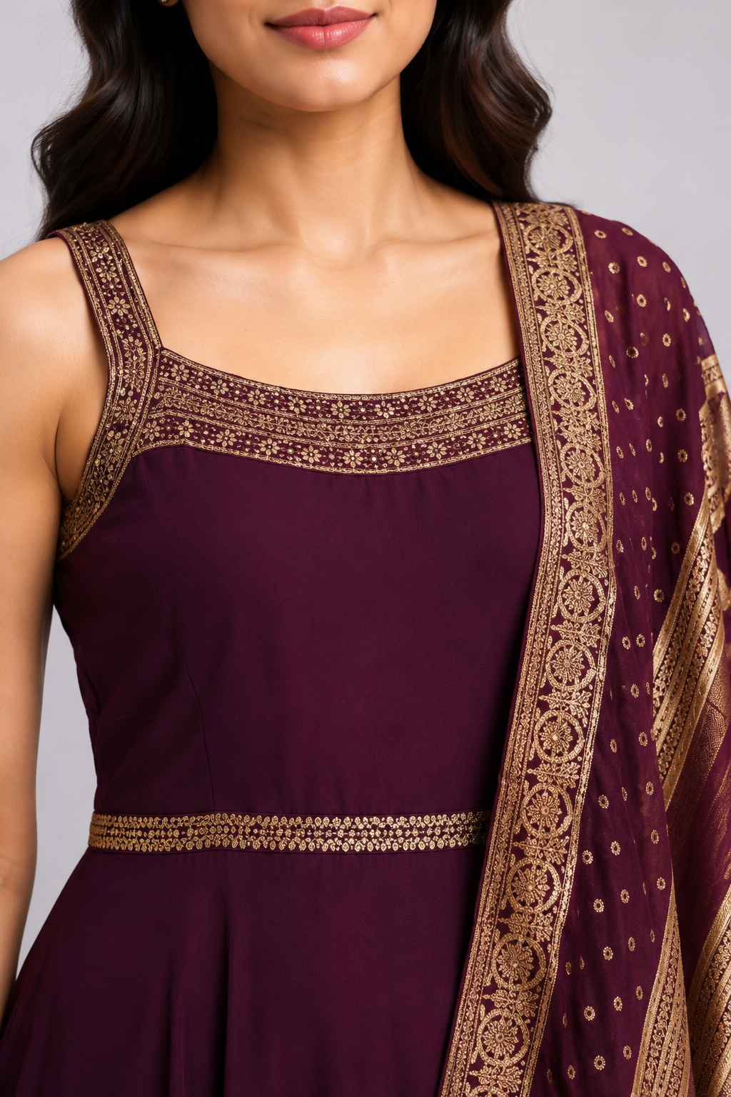 Wine Embellished Anarkali Dress with Dupatta