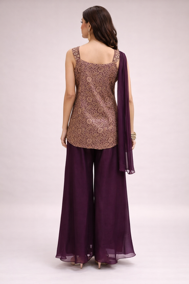 Wine Brocade Silk Co-ord Set with Embroidered Top & Dupatta