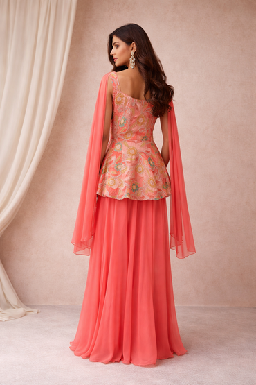 Peach Floral Embroidered Silk Peplum Sharara Set with Dupatta for Women