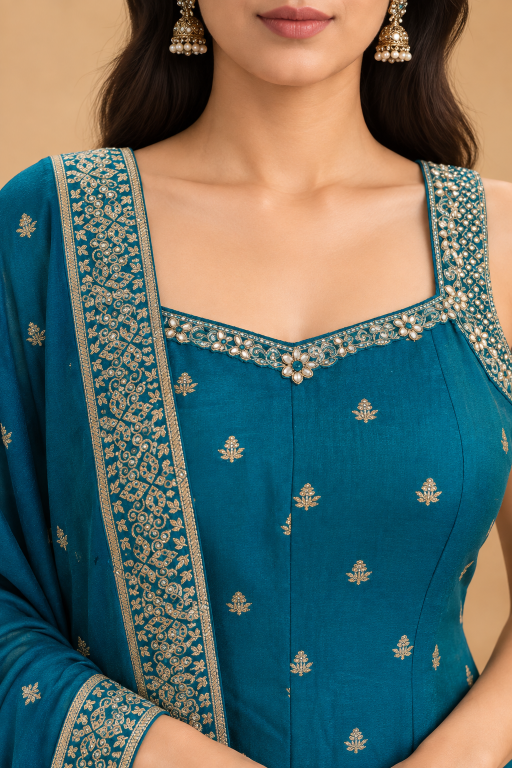 Teal Blue Silk Embroidered Anarkali Suit Set