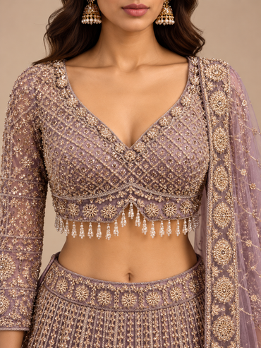Mauve Brown Embroidered Lehenga Set with Sheer Dupatta