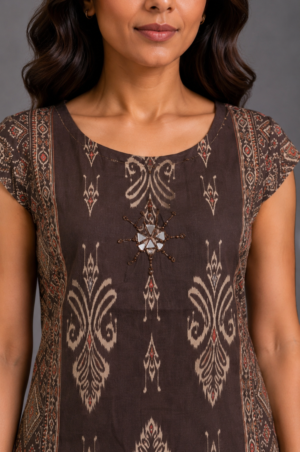 Brown Printed Kurta Palazzo Set with Ethnic Motif Detailing