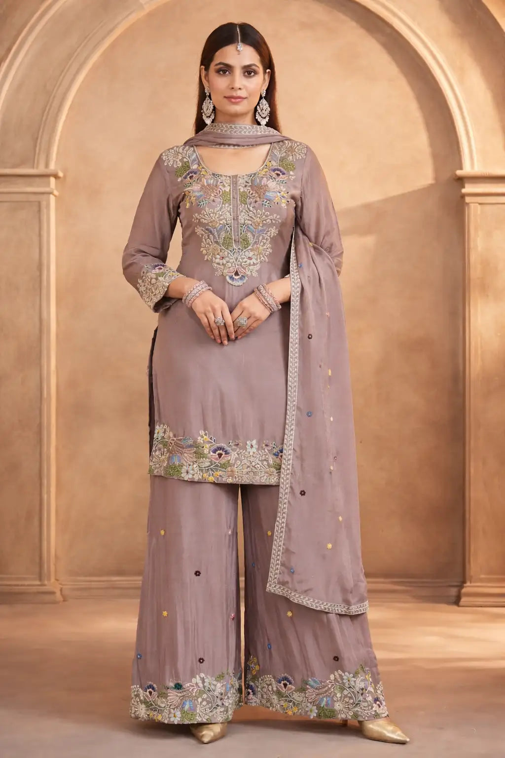 Mauve Embroidered Kurta Sharara Set with Dupatta