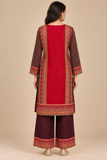 Red Printed Straight Kurta Set with Maroon Palazzo Pants for Women