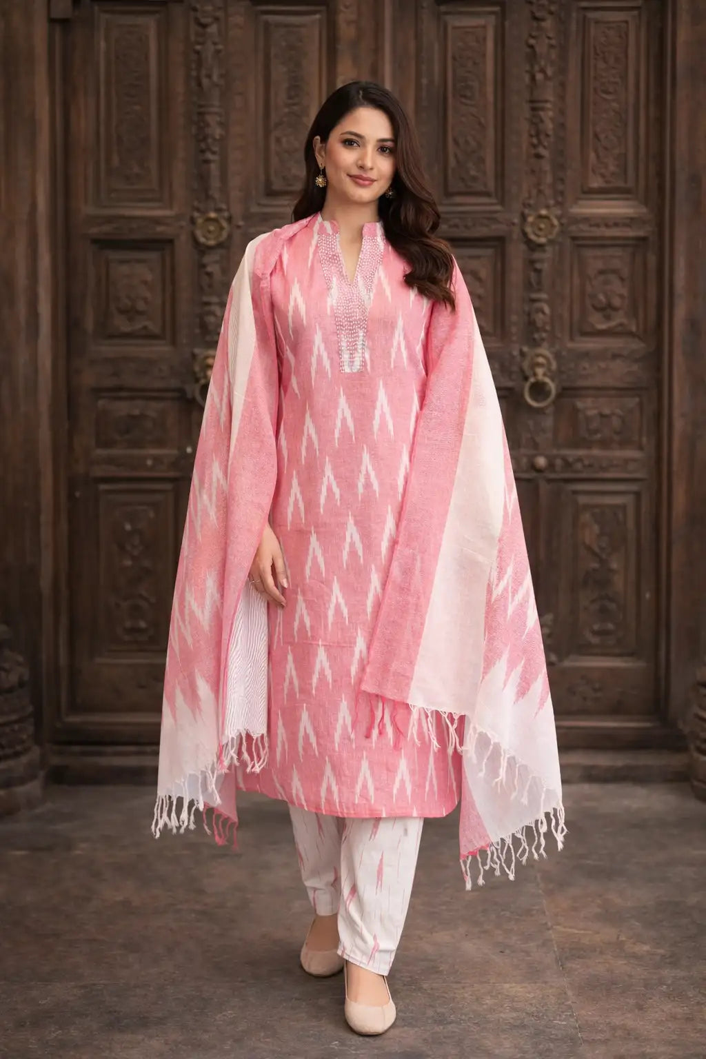 Blush Pink Ikat Print Kurta Set with Dupatta