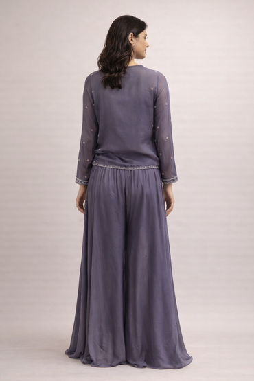 Dusty Purple Embroidered Silk Co-ord Set with Crop Top & Sheer Jacket