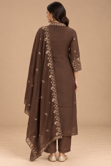 Chocolate Brown Floral Embroidered Kurta Set with Dupatta