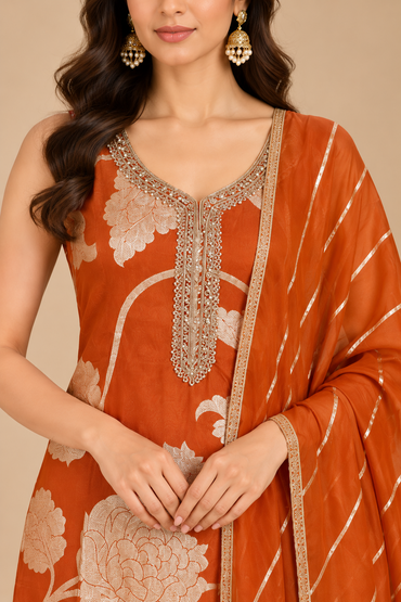 Rust Orange Floral Printed Kurta Pant Set with Striped Dupatta