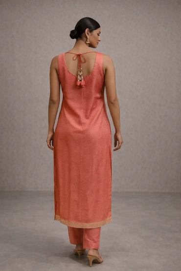 Peach Floral Embroidered Kurta Set with Dupatta
