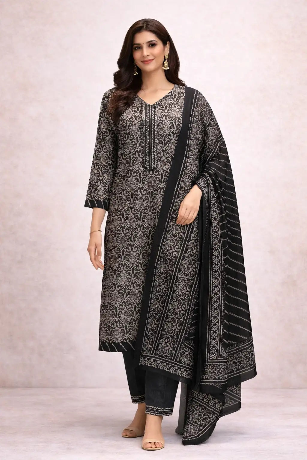 Black Printed Kurta Set with Dupatta