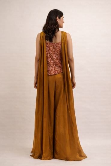 Rust & Mustard Silk Co-ord Set with Floral Embroidered Top