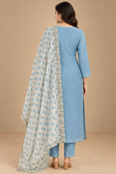 Sky Blue Embroidered Kurta Set with Printed Dupatta
