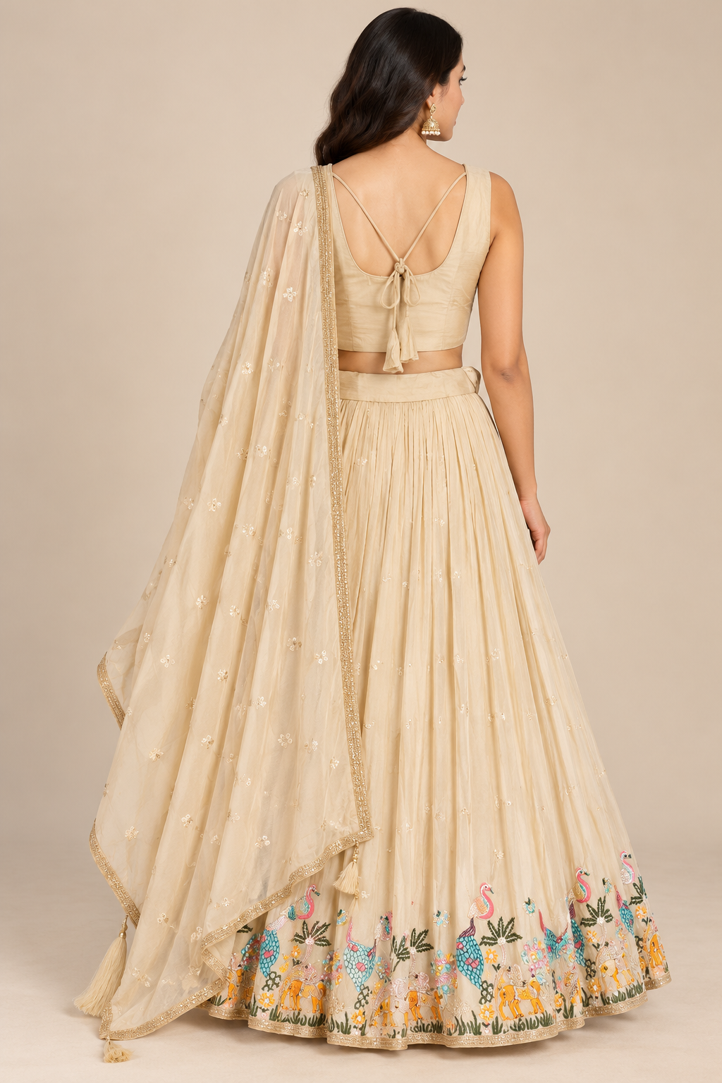 Cream Embroidered Lehenga Choli with Colorful Peacock Work and Dupatta