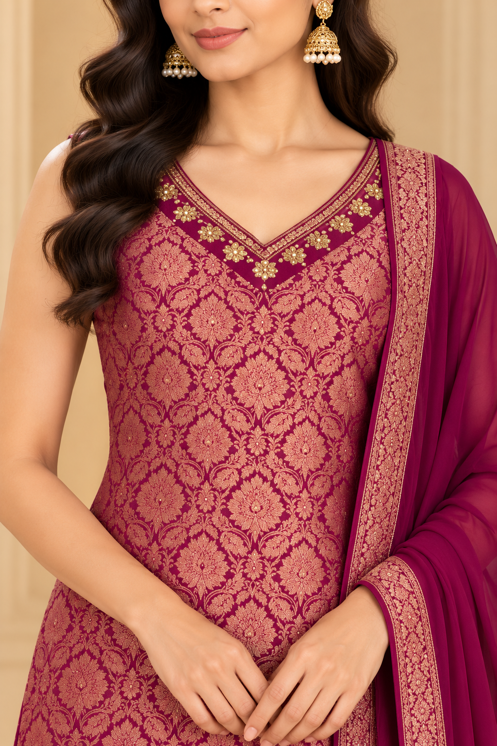 Wine & Gold Embroidered Straight Kurta Set with Dupatta