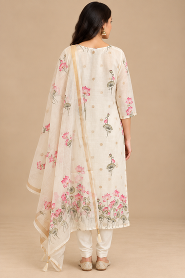 Ivory Floral Printed Kurta Set with Dupatta