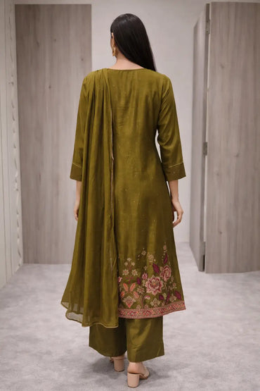 Olive Green Floral Embroidered Kurta Set with Dupatta