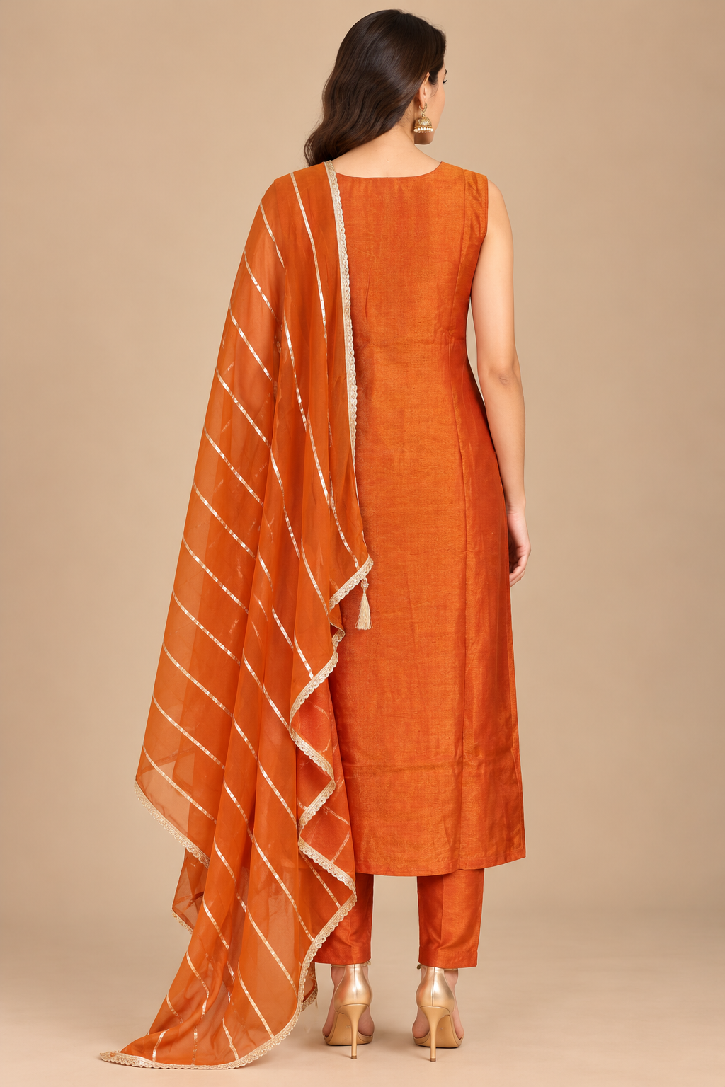 Rust Orange Floral Printed Kurta Pant Set with Striped Dupatta