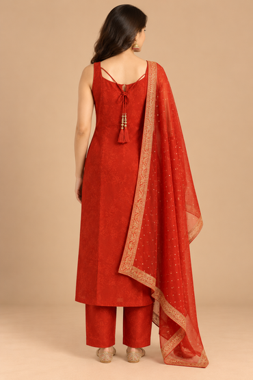 Rust Orange Embroidered Kurta Pant Set with Embellished Dupatta