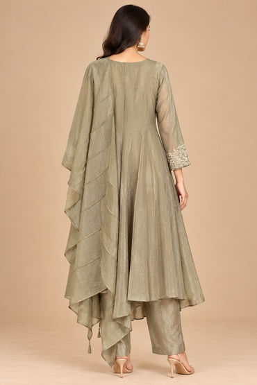 Olive Grey Embroidered Anarkali Suit with Dupatta for Women