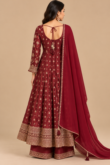 Maroon Embroidered Anarkali Suit Set with Dupatta
