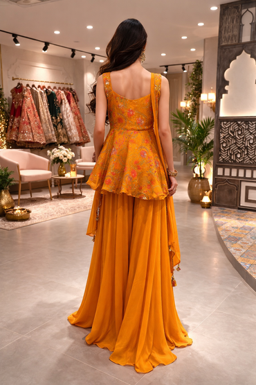 Mustard Yellow Embroidered Silk Peplum Sharara Set with Dupatta for Women