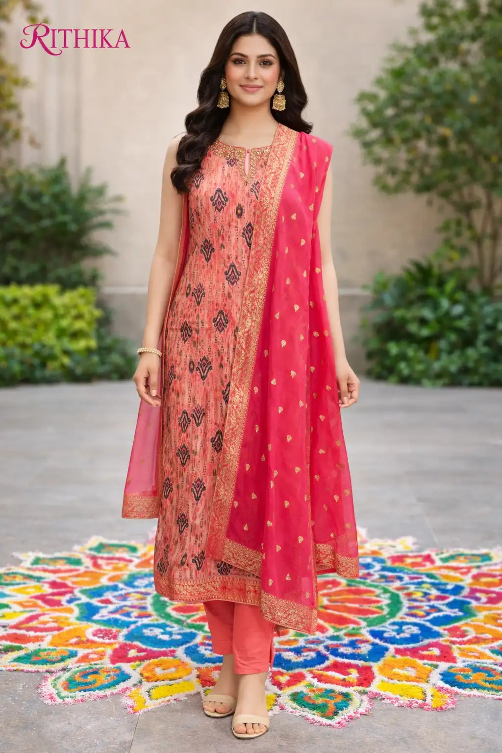 Peach Pink Printed Kurta Set with Contrast Dupatta