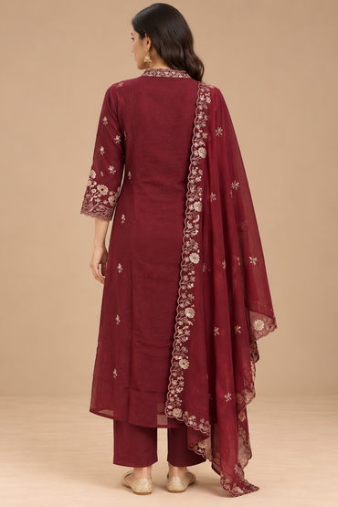 Maroon Floral Embroidered Kurta Set with Dupatta