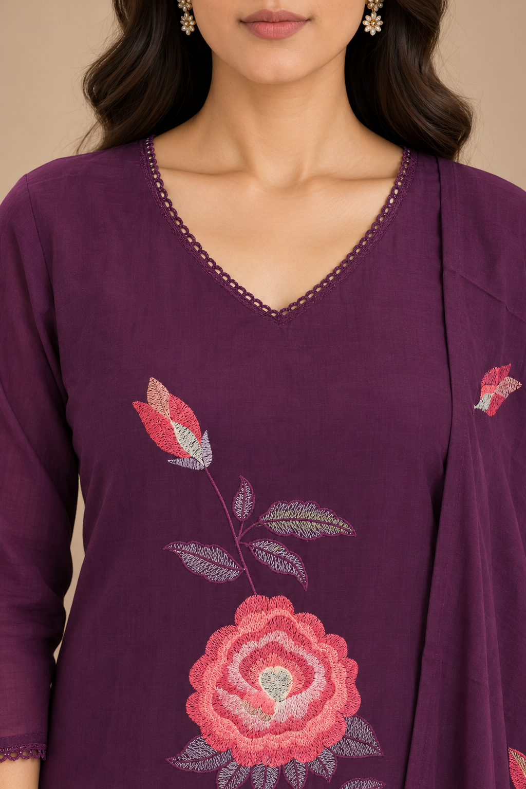 Wine Purple Floral Embroidered Kurta Set with Dupatta