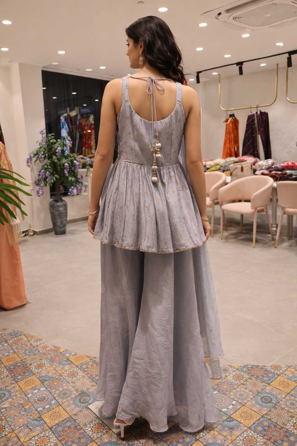 Grey Embroidered Silk Peplum Sharara Set with Dupatta for Women