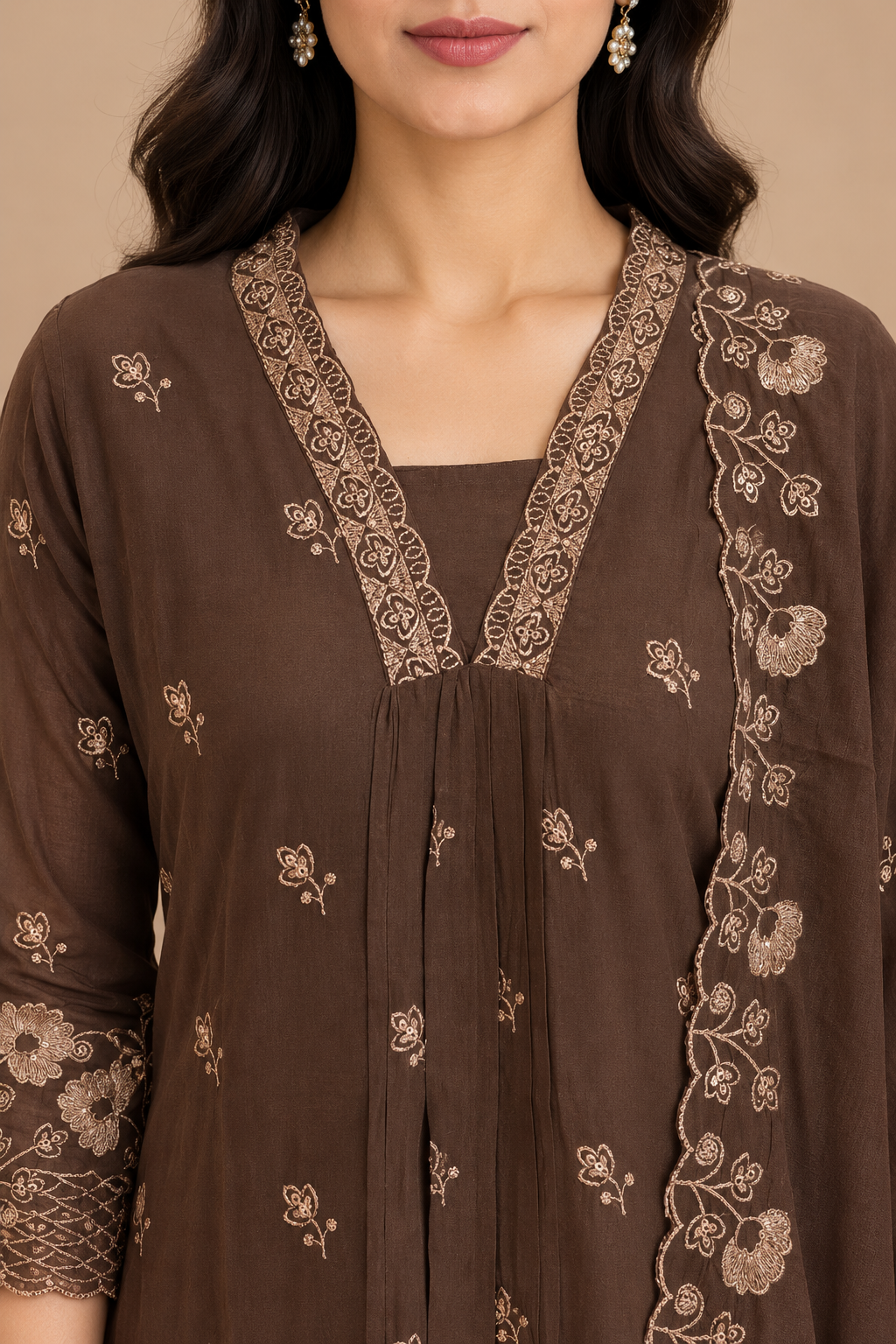 Chocolate Brown Floral Embroidered Kurta Set with Dupatta