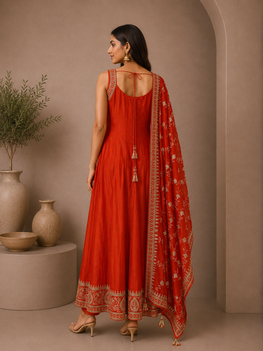 Elegant Red Silk Anarkali Suit Set with Embroidered Dupatta