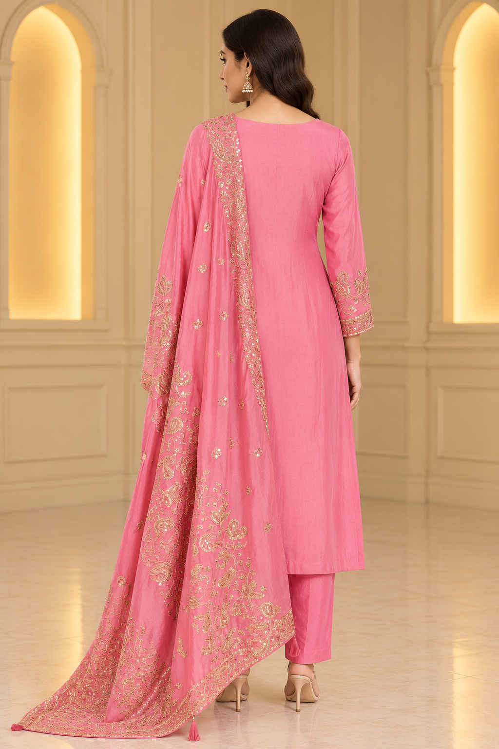 Pink Embroidered Straight Suit Set with Designer Dupatta