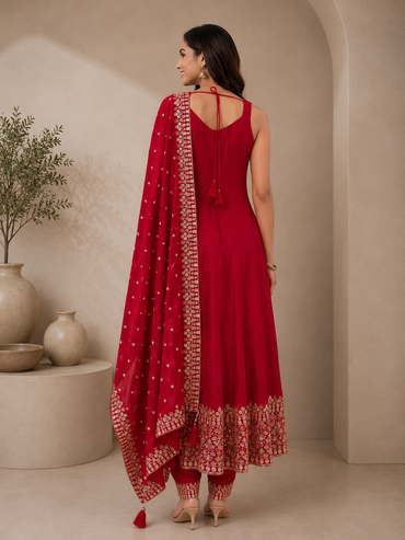Elegant Red Silk Anarkali Suit Set with Embroidered Dupatta