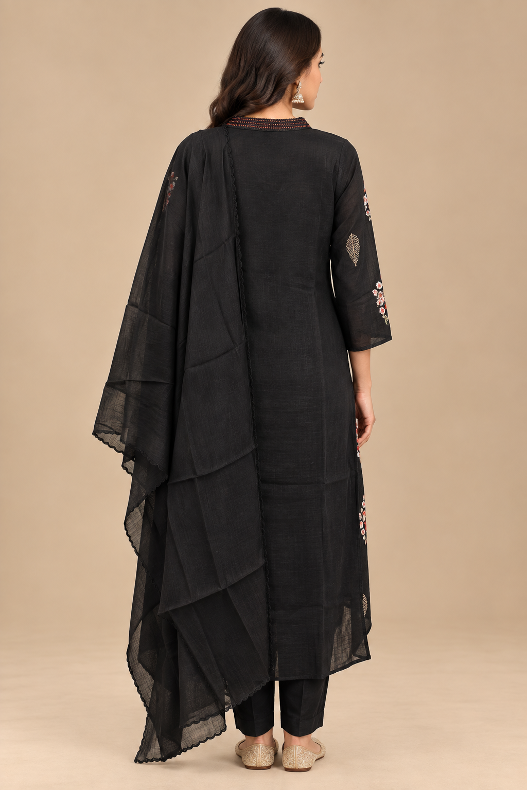 Black Floral Embroidered Kurta Set with Dupatta
