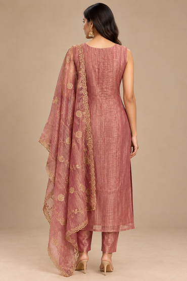 Dusty Rose Embroidered Straight Suit Set with Organza Dupatta Product Type: