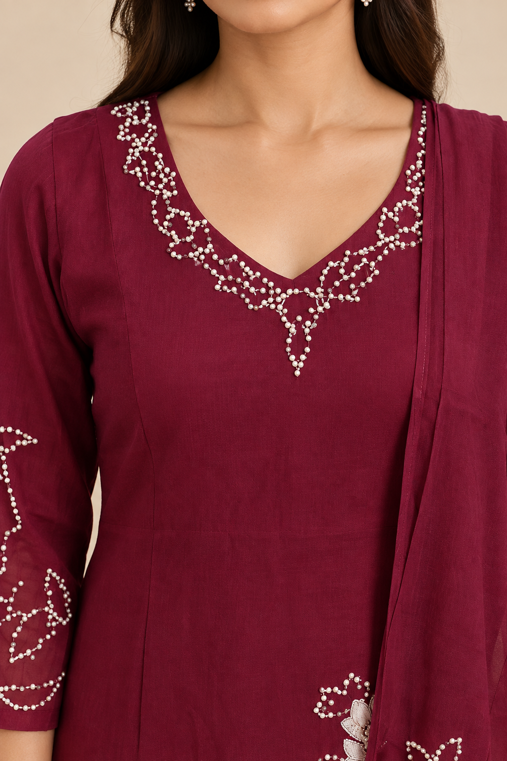 Wine Mul Chanderi Embroidered Straight-Cut Suit Set