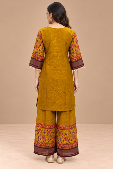 Mustard Yellow Printed Kurta Palazzo Set with Ethnic Border Detailing