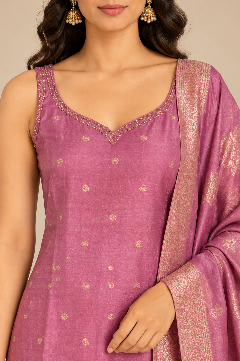 Mauve Pink Ethnic Suit Set with Gold Border Dupatta