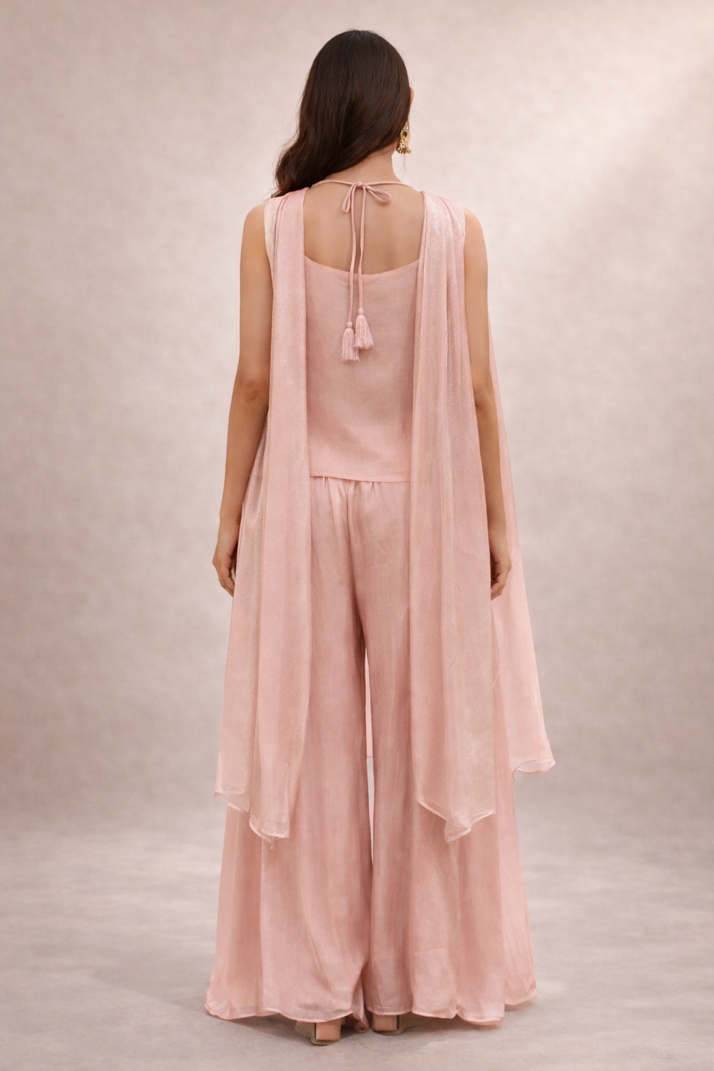 Blush Pink Embroidered Co-ord Set with Silk Layered Jacket & Wide-Leg Pants