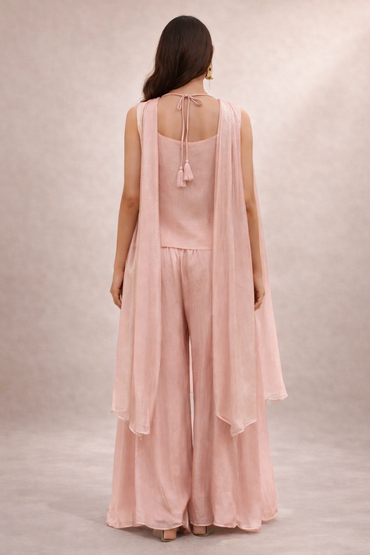 Blush Pink Embroidered Co-ord Set with Silk Layered Jacket & Wide-Leg Pants
